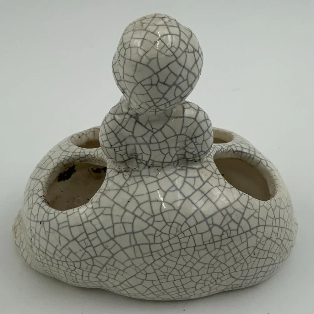 Rare Japanese Vintage Crackle Pottery Lady Lipstick Holder